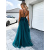 solid color V-neck mesh stitching waist slit dress NSOYL124057