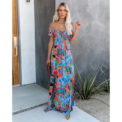 Multicolor Printed Pleated Off-the-shoulder Slit Dress NSOYL124063