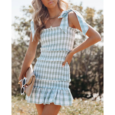 Printed Pleated Lace Up Suspender Dress NSOYL124073