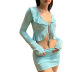 ruffle long sleeve low-cut lace-up slim solid color top and skirt set NSCOK124084