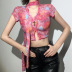 print short-sleeved hollow V-neck short slim Top with Ribbons NSCOK124094