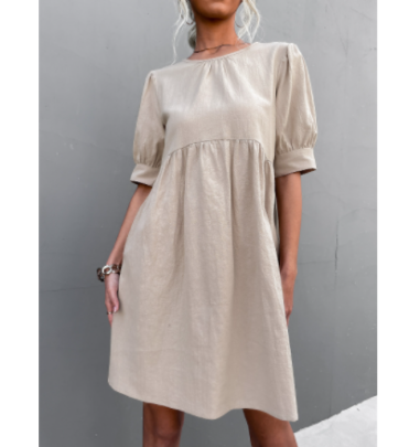 Round Neck Puff Sleeve Loose Short Solid Color Dress NSLNZ123434