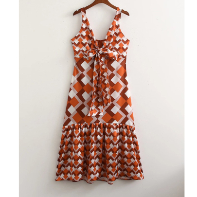 Satin Geometric Print Sling Backless V Neck Lace-up Dress NSLAY124210