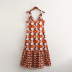 satin geometric print sling backless v neck lace-up dress NSLAY124210
