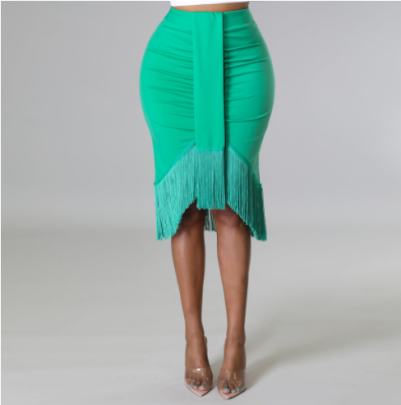 Solid Color Tight Waist Pleated Tassel Stitching Skirt NSME124208