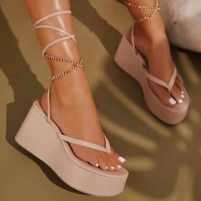 Thick-soled Clipped Toe Chain Straps Wedge Heel Sandals NSHYR124004