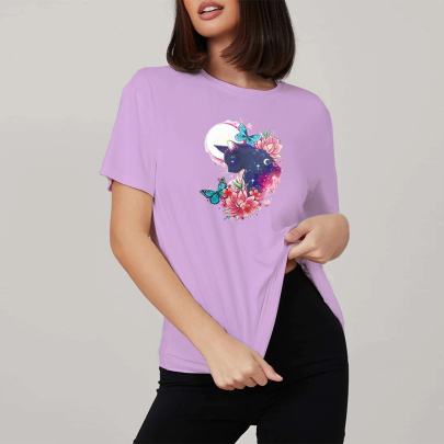 Butterfly Cat Print Loose Short Sleeve T-Shirt NSYAY125669