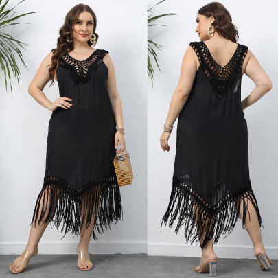 Plus Size Hand Hook Tassel Sleeveless Hollow Solid Color Dress NSOY125348