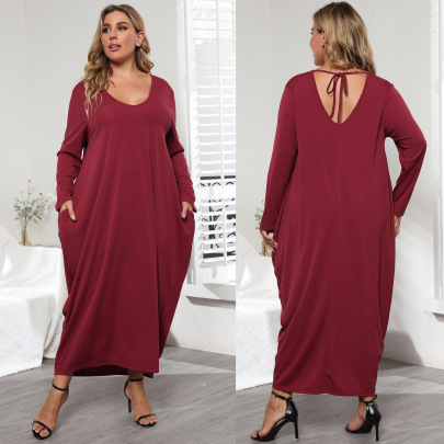 Plus Size V-neck Loose Long-sleeved Double-pocket Lace-up Solid Color Dress NSOY125578