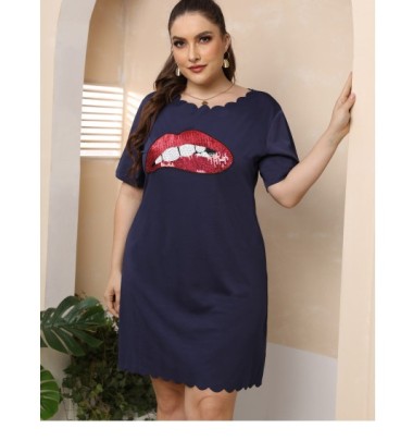 Plus Size Sequin Wavy Edge Short Sleeve Lip Print Dress NSOY125565