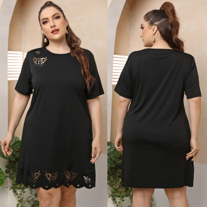 Plus Size Hollow Round Neck Short Sleeve Slim Solid Color Dress NSOY125564