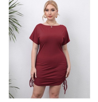 Plus Size Drawstring Slim Round Neck Short Sleeve Solid Color Dress NSOY125370