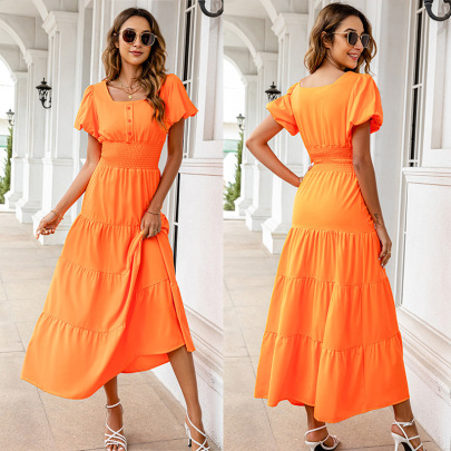 Solid Color  Puff Sleeve Square Neck Long Dress NSXWL125593