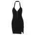 zipper solid color hanging backless slim slit dress NSHTL125932