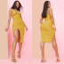 wrap chest lace-up hollow high slit sling solid color dress NSHBG125934