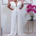 mesh pleated solid color deep V stitching wide-leg jumpsuit NSGML125947