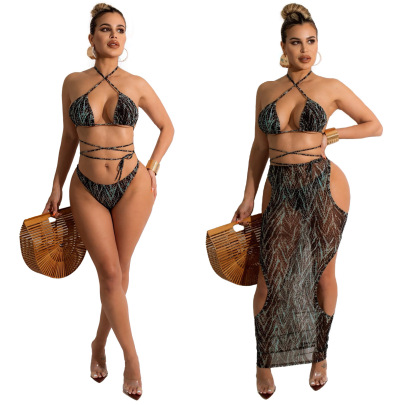 See-through Printing Hanging Neck Backless Lace-up Hollow Bikini Three-piece Suit NSMYF125966