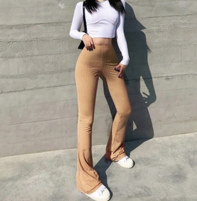 Solid Color Tight High-waisted Elastic Bootcut Trousers NSFH125710
