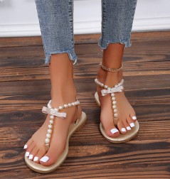 Pearl Clipped Toe Bow Flat Sandals NSCRX126028
