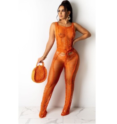 Solid Color Knitted Hollow Sleeveless Beach Jumpsuit NSTRS125853