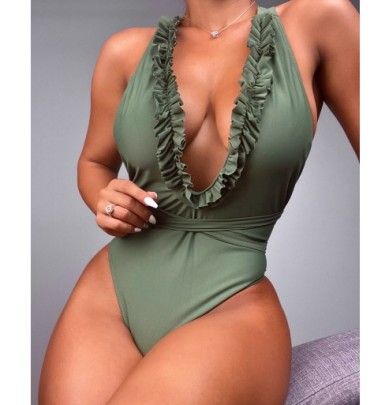 Cross Sling V Neck Fungus Edge Backless Lace-up Solid Color One-piece Swimsuit NSCMB126050
