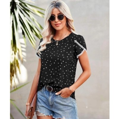 Round Collar Loose Dot Print Lace Short Sleeve Top NSAXR126045