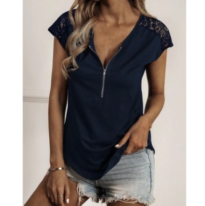 Solid Color Round Neck Half Zipper Stitching Lace Short-sleeved Top NSAXR126042