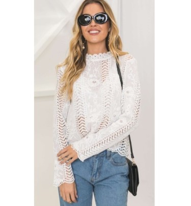 Solid Color Slim-fit Hollow Lace Long-sleeved Round Neck T-shirt NSMFE125792
