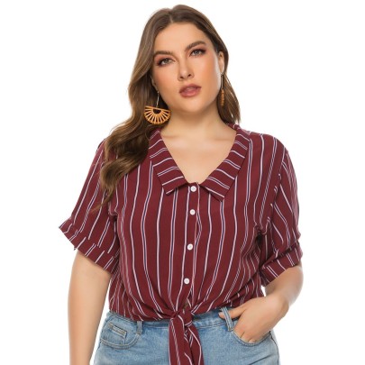 Plus Size Buttoned Striped Lace-up Short-sleeved Lapel Shirt NSCX126007