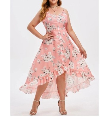 Plus Size Sling Irregular Hem Slim Flower Print Dress NSCX126009