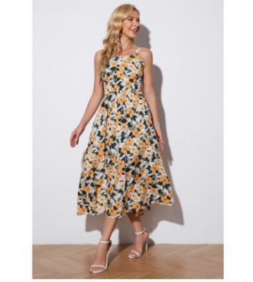 Long High Waist Sling Flower Print Dress NSLRZ126145