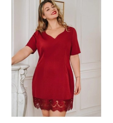 Plus Size V-neck Short Sleeve Stitching Solid Color Lace Dress NSCX126011