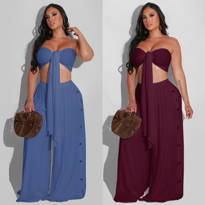 Button Solid Color Wrap Chest Lace-up Wide-leg High Waist Top And Pants Two-piece Suit NSFSX126172