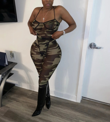 Camouflage Print Sling Wrap Chest Backless High Waist Slim One-piece Top And Pant Set NSFSX126173