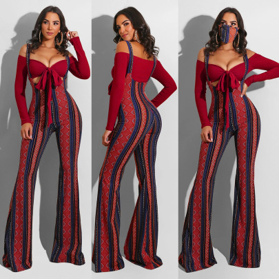 Long Sleeve Wrap Chest One-word Collar Top And Plaid Overalls Two-piece Set NSFSX126177