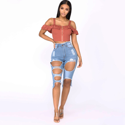 Ripped High Waist Elastic Tight Mid-length Jeans NSARY126319