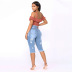 ripped high waist elastic tight mid-length jeans NSARY126319