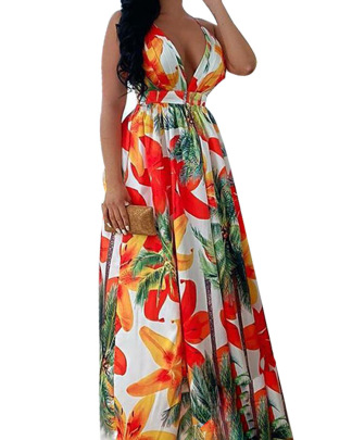 Floral Printing V-neck Backless Swing Dress NSYHC126343