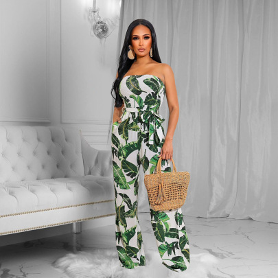 Printed Tube Top Lace-up Wide-leg Jumpsuits NSFH126385