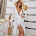 stitching long sleeve low-cut lace-up solid color see-through beach cover-up dress NSBJL126411