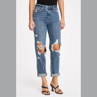 Washed Ripped High Waist Straight Jeans NSARY126435