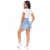shorts de mezclilla de pernera ancha y cintura alta con lavado color block claro NSARY126436