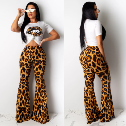 Leopard Print Round Neck Short Sleeve Crop Top And Trousers Two-piece Suit NSFSX126182