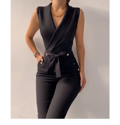 Solid Color Twist Button V-neck Sleeveless Slim Jumpsuit NSYHC126340