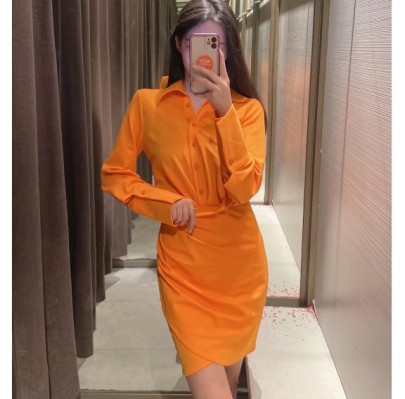 Buttons Solid Color Slim Long-sleeved Lapel Shirt Dress NSAM126423