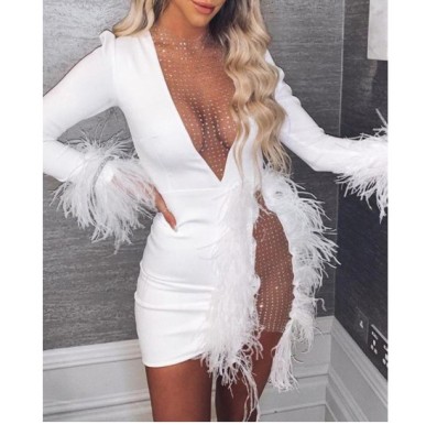 Solid Color Round Neck Mesh Stitching Feather Decoration Slim Dress NSYHC126339