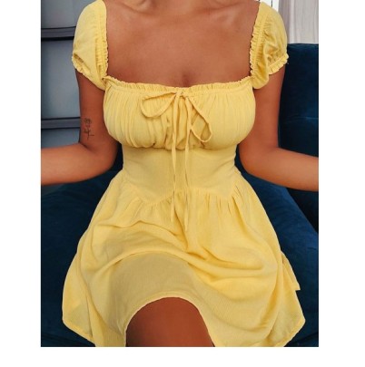 Solid Color Square Neck Short Sleeve Slim Dress NSYHC126351