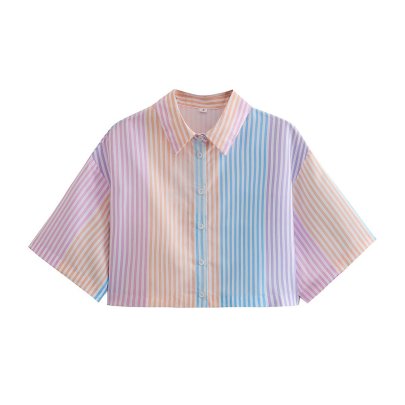 Buttons Multicolor Striped Short Sleeve Slim Short Shirt NSAM126255