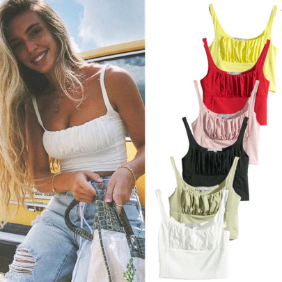 Solid Color Square Collar Pleated Crop Camisole NSZQW126455