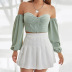 solid color off shoulder elastic stitching long sleeves front zipper crop vest NSLIH126491